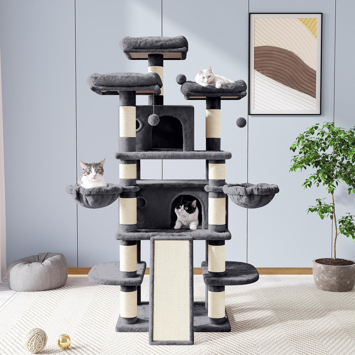 Allewie 68 Inches Cat Tree House with Condo, Scratching Post, and Multi-Level Towers for Cats - Smokey Grey Allewie