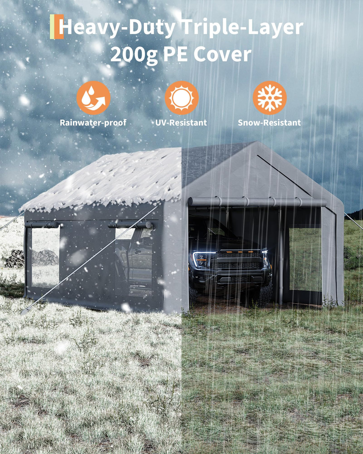 GarveeLife 12x20 Ft Carport, Car Port with 200g PE Tarp, Roll-Up Doors, and 4 Windows, for Full-Size Pickups, Bass Boats, Tractors, and SUVs, Gray GarveeLife