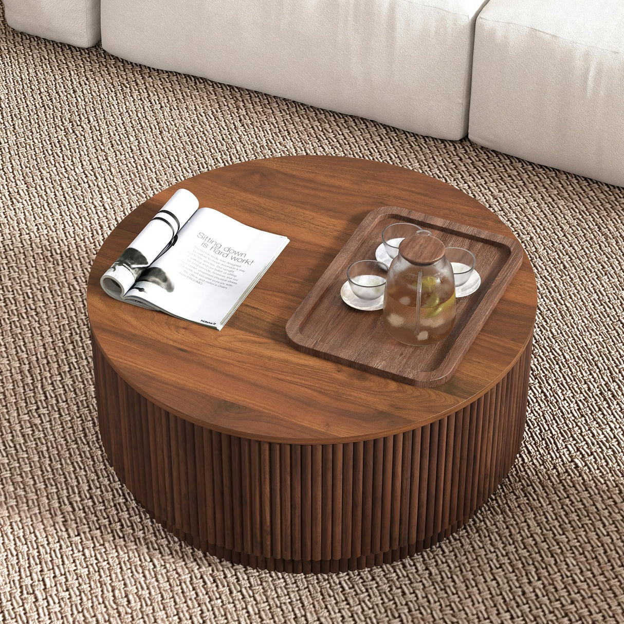 31.5" Round Coffee Table with Storage, Mid Century Modern Coffee Tables with Fluted Base, Wooden Circle Accent Center Table for Living Room Small Space Apartment Office (Walnut) LEVNARY