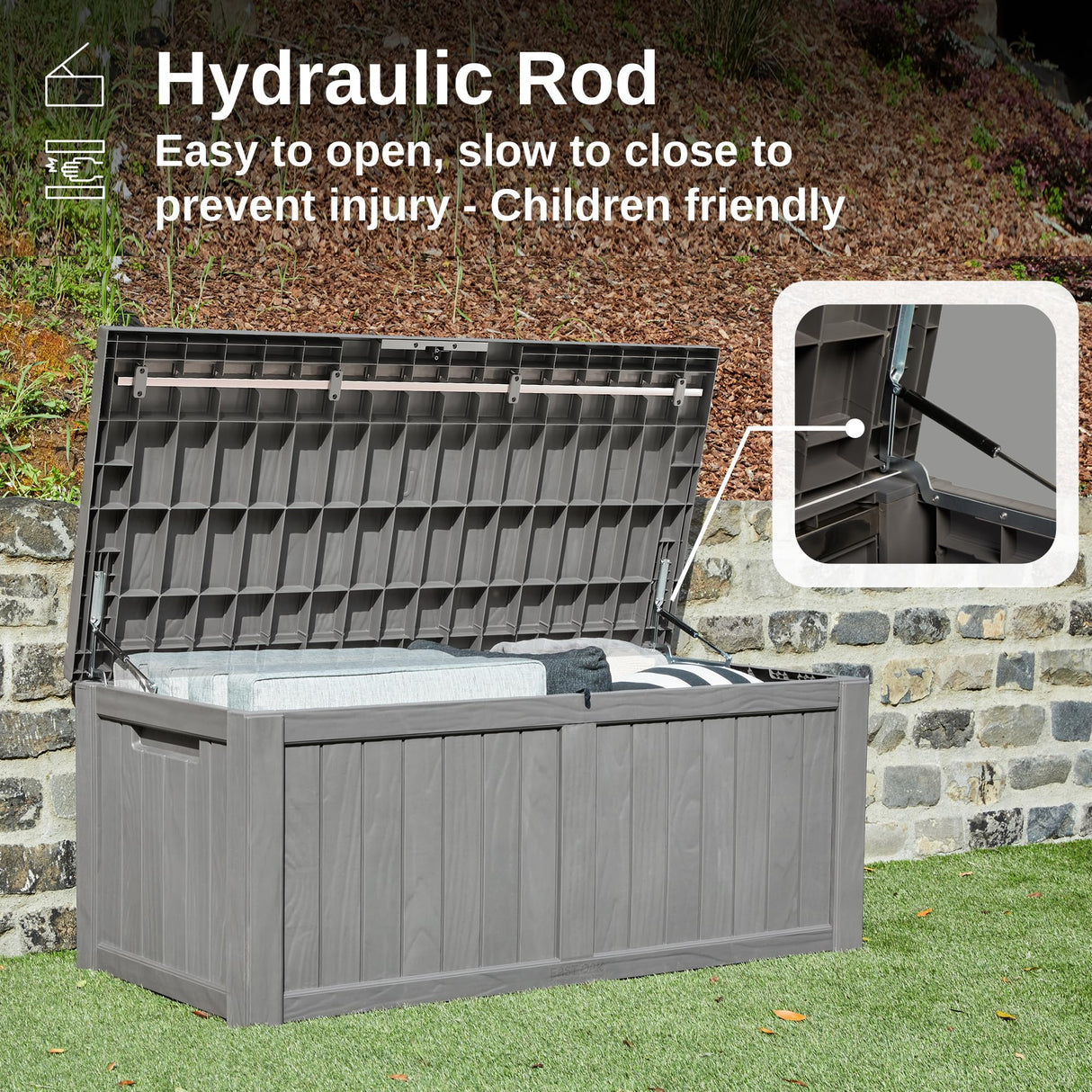 EAST OAK Outdoor Storage Box, 120 Gallon Deck Box with Stainless Steel Rods Large Resin Storage Bin for Patio Cushions, Garden Tools, Waterproof and UV Resistant, Lockable, Grey EAST OAK