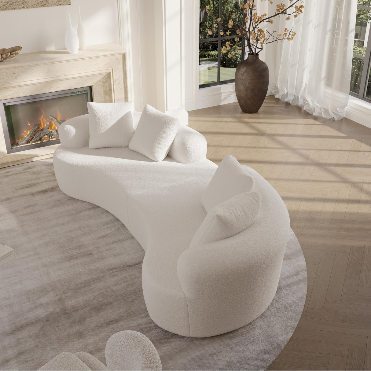 Olodumare 106.7" Modern Curved Oversized Sectional Sofa, Minimalist Modular Cloud Couch with 4 Throw Pillows, Luxury 4-Seater Extra Deep & Wide Seat Sofa in Soft Teddy Fabric, Cream White Olodumare