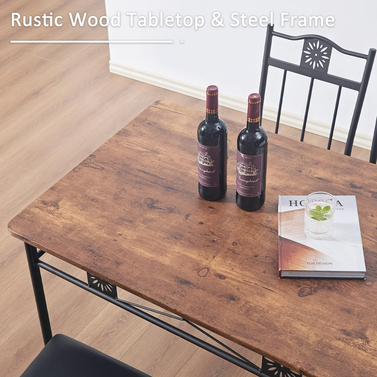 VECELO Kitchen Dining Room Table Sets for 4, 5 Piece Metal and Wood Rectangular Breakfast Nook, Dinette with Chairs, Retro Brown VECELO