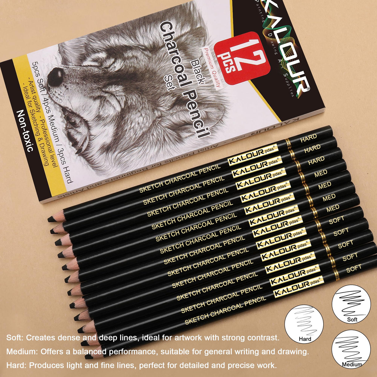 KALOUR Professional Charcoal Pencils Drawing Set -12 Pieces Soft, Medium and Hard Charcoal Pencils for Drawing, Sketching, Shading, Artist Pencils for Beginners & Artists KALOUR