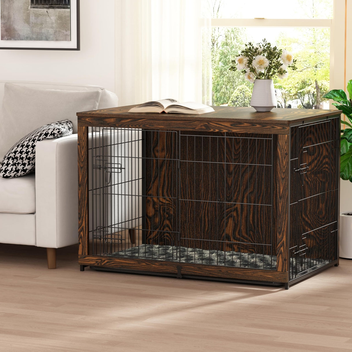 Megidok Wooden Dog Crate Furniture with Cushion, Dog Crate End Table with Tray, Double Doors Dog Crate(XL:43.1" L *28.6" W*30.3" H, Rustic Style) Megidok