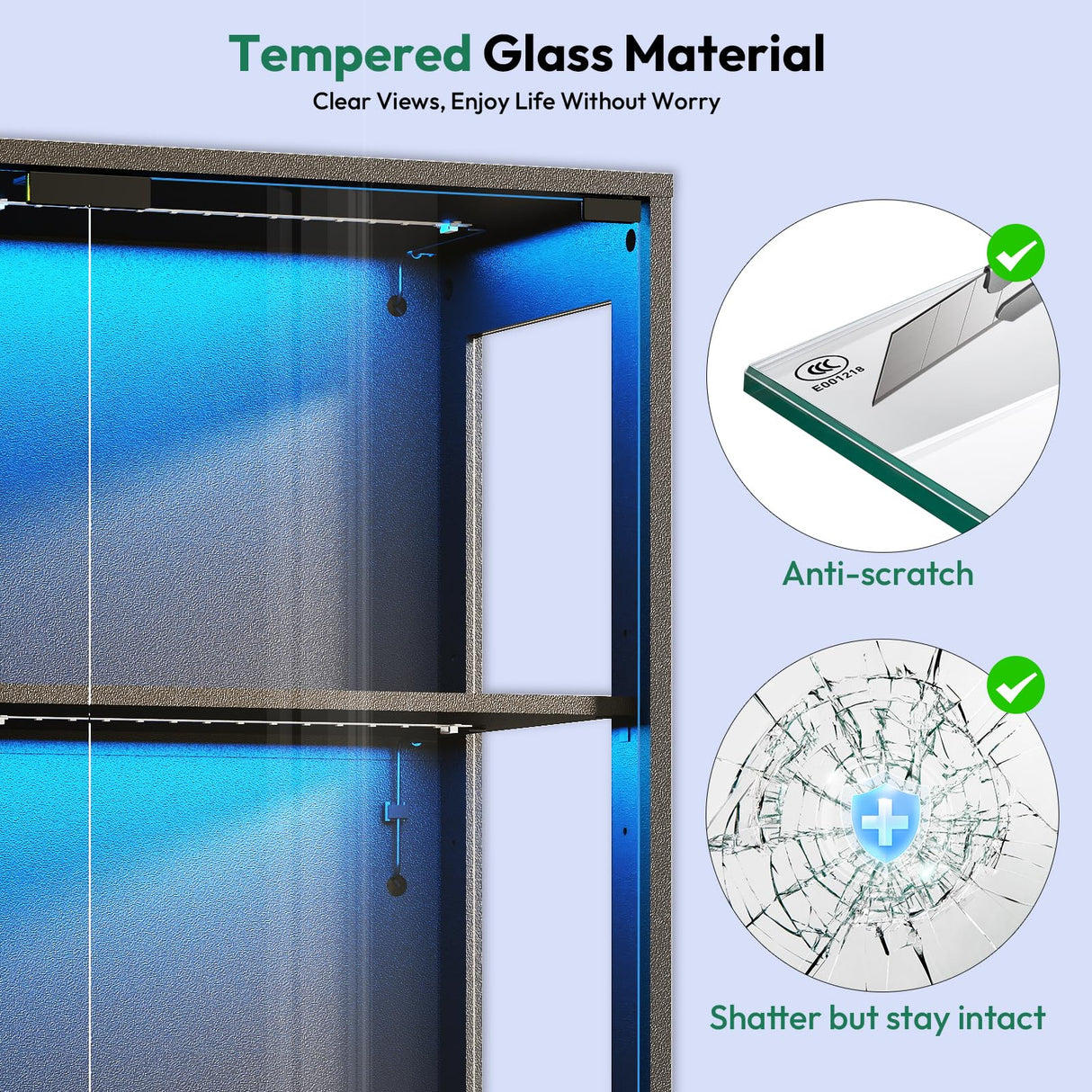 Lamtor Glass Display Cabinet with Doors - Curio Cabinet with Dynamic LED Lights for Collectibles, 67" Display Case with 4 Tier and Drawers for Figure, Toys, Books, Black Lamtor