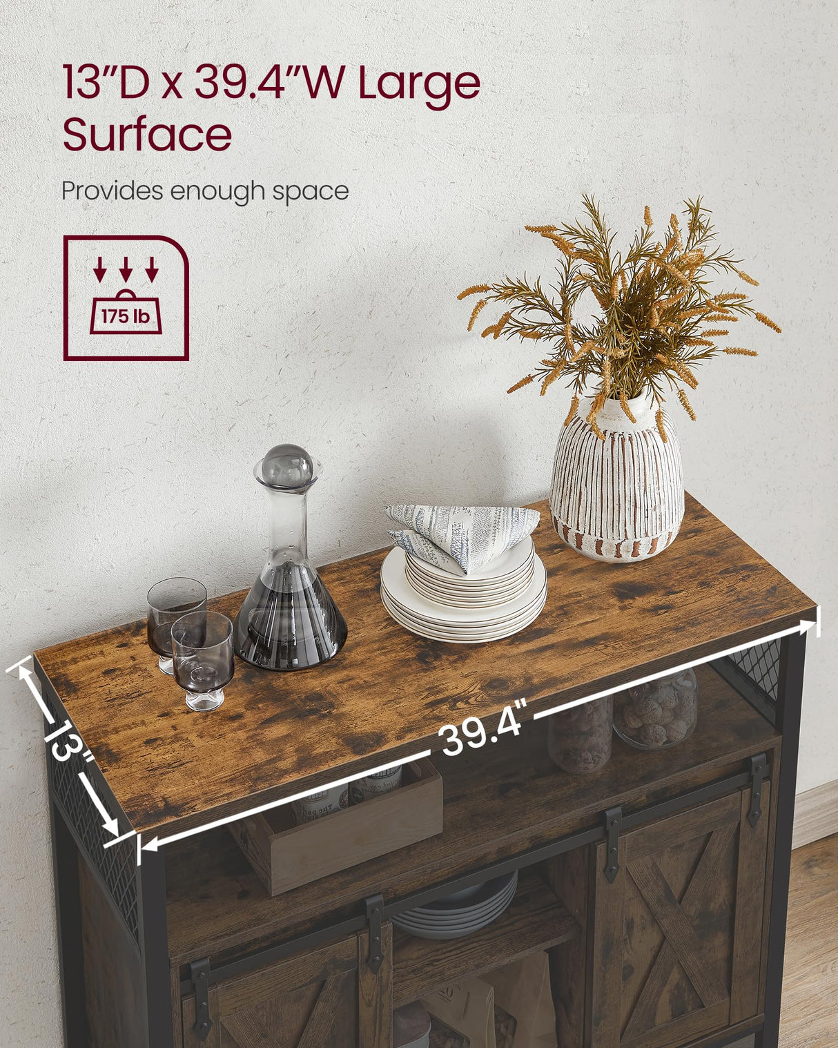 VASAGLE Buffet Cabinet, Storage Cabinet, Sideboard with 2 Sliding Barn Doors, Adjustable Shelves, 13 x 39.4 x 31.5 Inches, for Living Room, Rustic VASAGLE