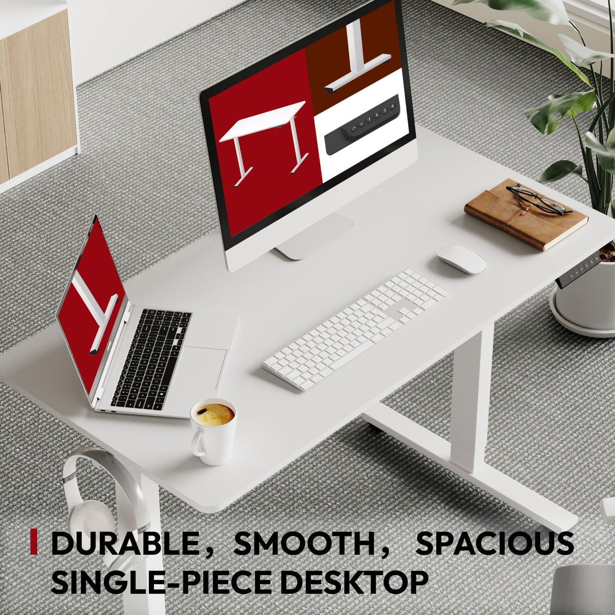 SANODESK Electric Standing Desk 55 x 28 Inches Whole-Piece Desktop Height Adjustable Stand Up Desk w/6-Button Controller Ergonomic Computer Desk for Home Office, White Frame + White Tabletop SANODESK