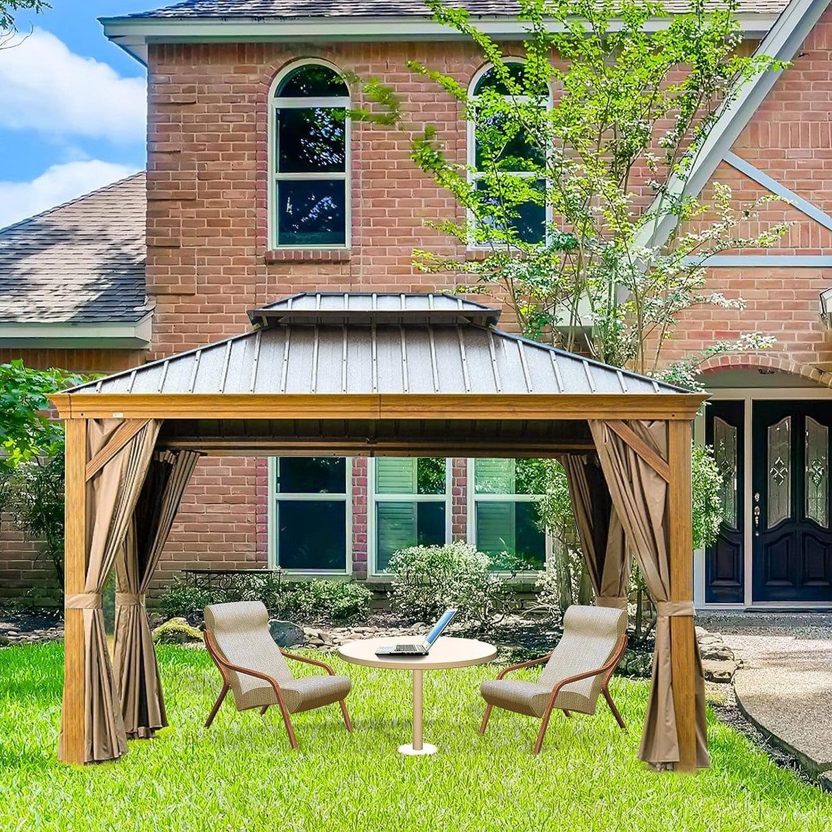 slashome 10'x12' Gazebo Curtains Outdoor Waterproof, Khaki Universal Replacement Curtain 4-Panels, Sidewalls with Zipper for Garden, Patio, Yard (Only Curtains) slashome