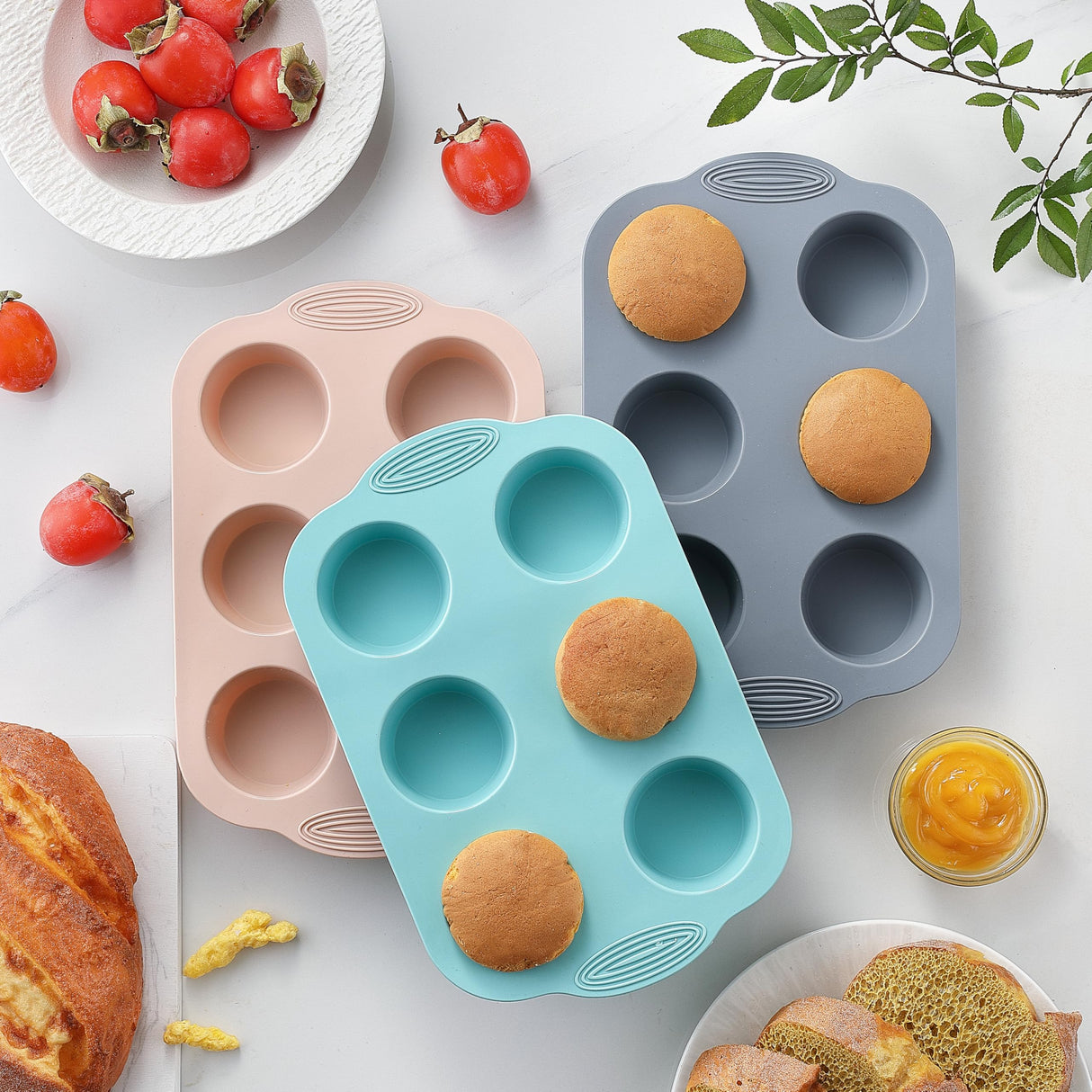 XZZWLL Silicone Muffin Pan, Food Grade Silicone Cupcake Molds for Baking Muffins and Cupcakes, 6-Cup Nonstick Cupcake Pan, Easy Cleaning and BPA-Free (Gray, Orange, Blue) XZZWLL