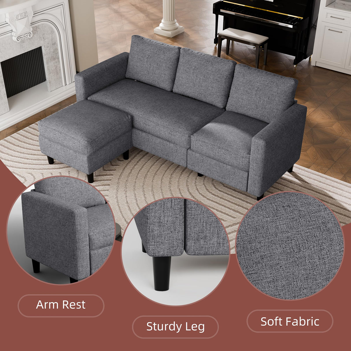 JAMFLY Sectional Sofa Couch Convertible L Shaped Sofas with Ottoman Small Sectional Couches for Living Room, 3 Seater Couch for Small Spaces, Dark Grey JAMFLY