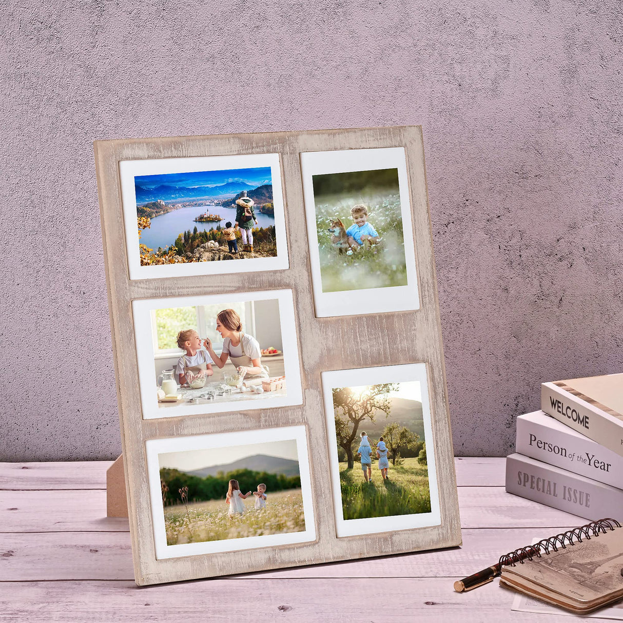 MONT PLEASANT Farmhouse Picture Frame 5X7 Rustic Photos Frame 4X6 For Five Photos with Mat Wood Collage Frame for Wall Mounting or Tabletop Display MONT PLEASANT