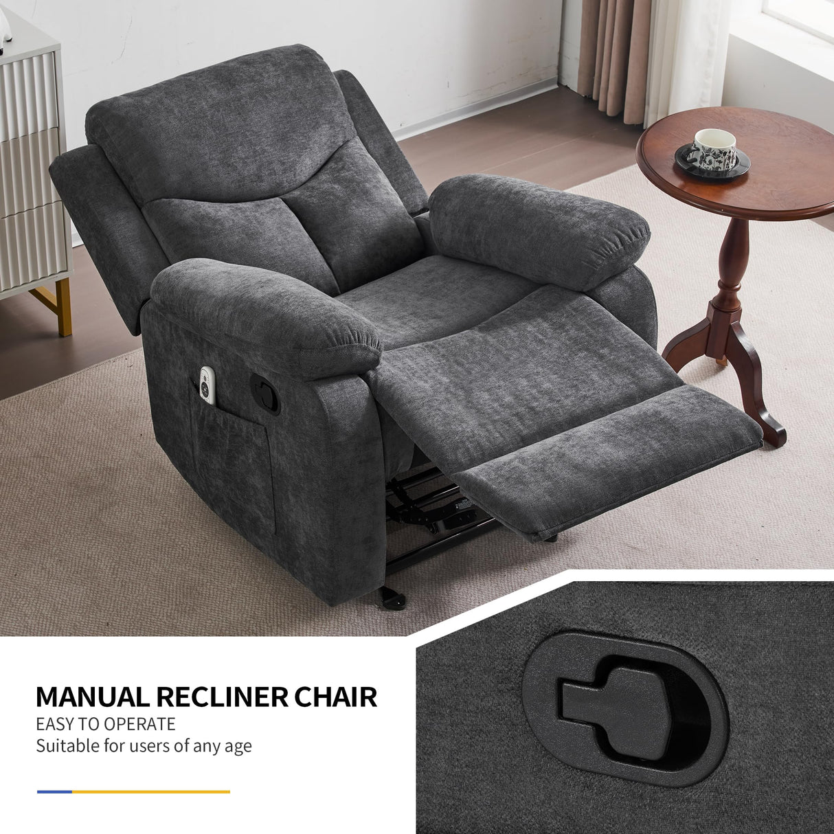 Sftaiyou Manual Rocker Recliner Massage Chair for Adults,Overstuffed Glider Rocking Recliner Fabric Chair for Living Room,Upholstered Soft Reclining Chair with Side Pocket (Dark Grey) Sftaiyou