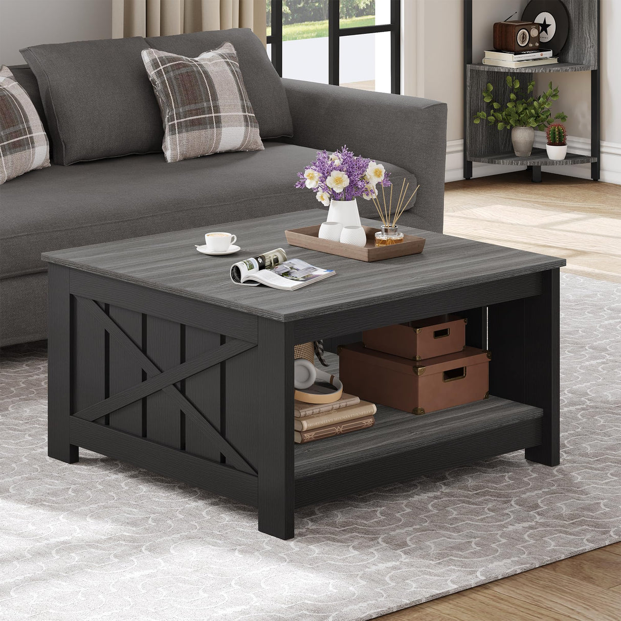 YITAHOME Coffee Table Farmhouse Coffee Table with Storage Rustic Wood Cocktail Table,Square Coffee Table for Living Meeting Room with Half Open Storage Compartment,Grey and Black YITAHOME