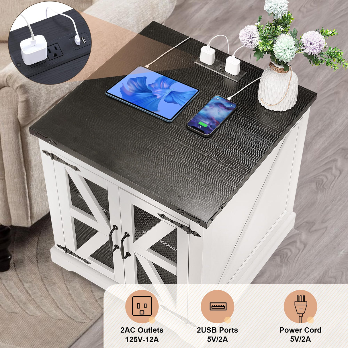 Decofy Farmhouse End Table with Storage Cabinet, 24" Large Sofa Side Table, Industrial Farmhouse Side Table for Living Room, Square Top with Power Outlet, Adjustable Shelves(White) Decofy