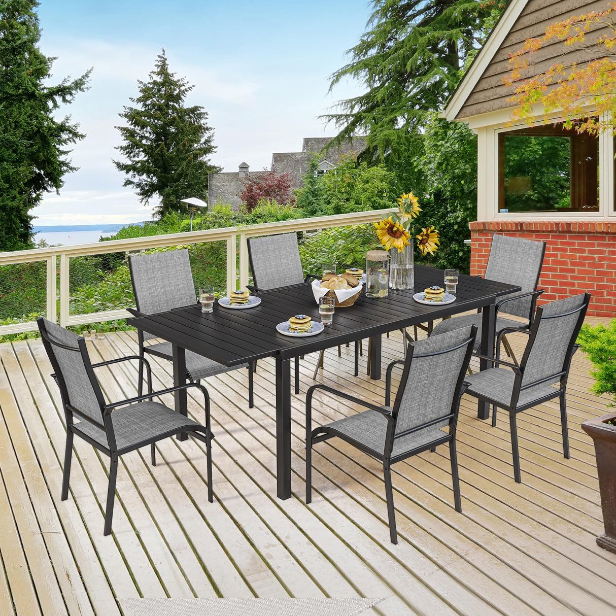 BUPPLEE 38"-84" Extendable Outdoor Dining Table Set for 4-8 Person, Rectangular Outdoor Furniture Adjustable Table & 6Pcs Textilene Chairs for Porch,Backyard, Garden, Poolside and Deck-7 Piece Grey BUPPLEE