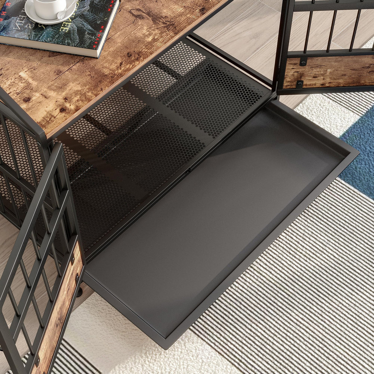 Maliacife Dog Crate Furniture with Led Lights,Heavy Duty Wooden Dog Kennel with Double Doors,Dog House Indoor for Small Medium Dogs,End Table with Shelves,Black and Brown(34.65" L×24.02W×31.5" H) Maliacife