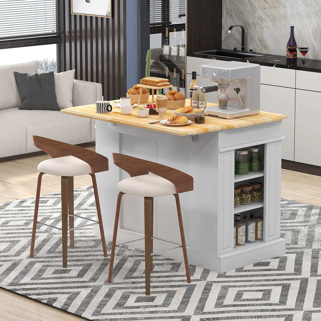 SILKYDRY Kitchen Island with Drop Leaf, Rubber Wood Top Breakfast Bar, Storage Cabinet with 2 Drawers, Adjustable Shelves, Spice Racks, Stationary Island Table for Dining Room, White SILKYDRY
