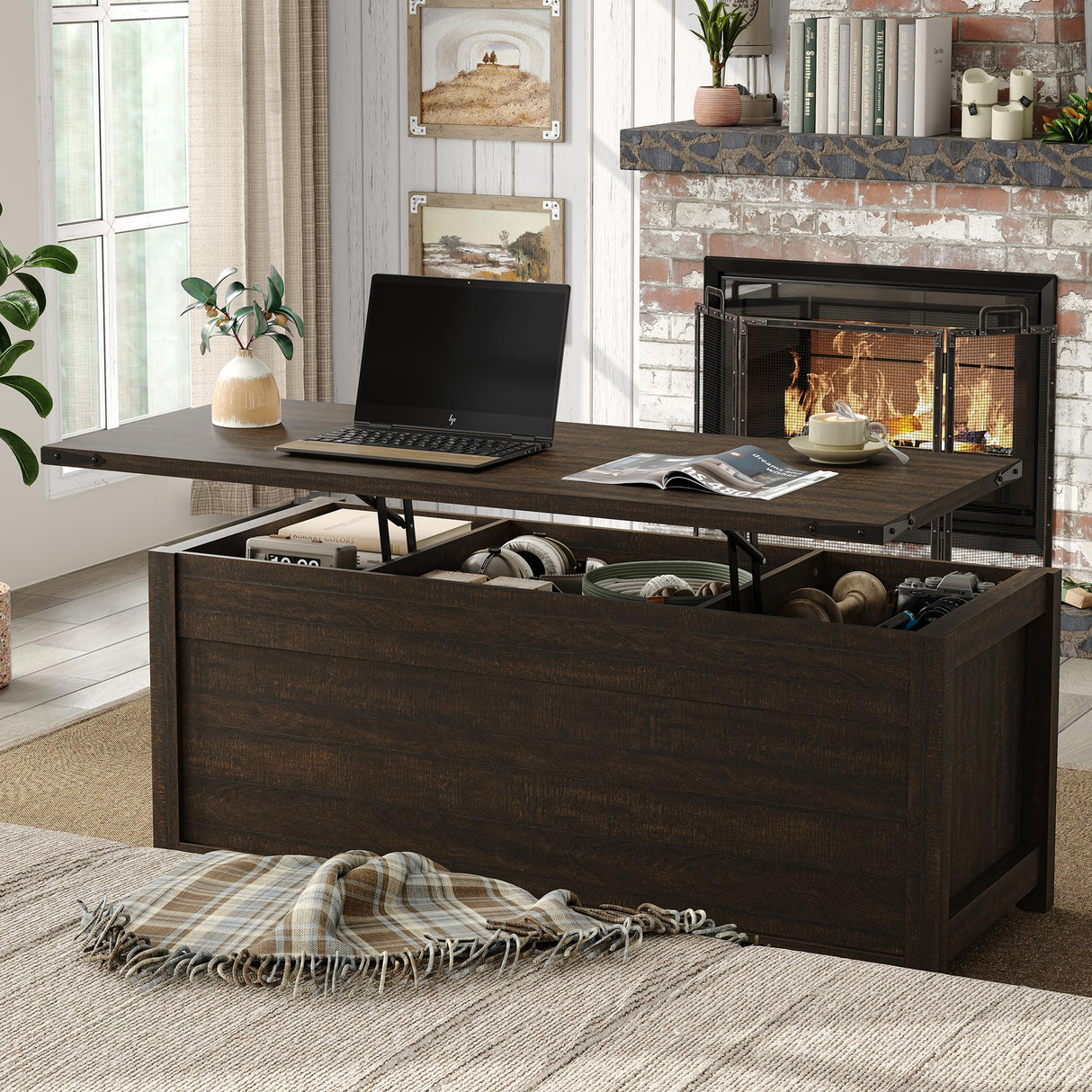 Furnihold 47.3'' Lift Top Coffee Table Rectangle Farmhouse Coffee Table with Storage Rustic Center Table with Sliding Barn Doors for Living Room, Home, Dark Brown Furnihold