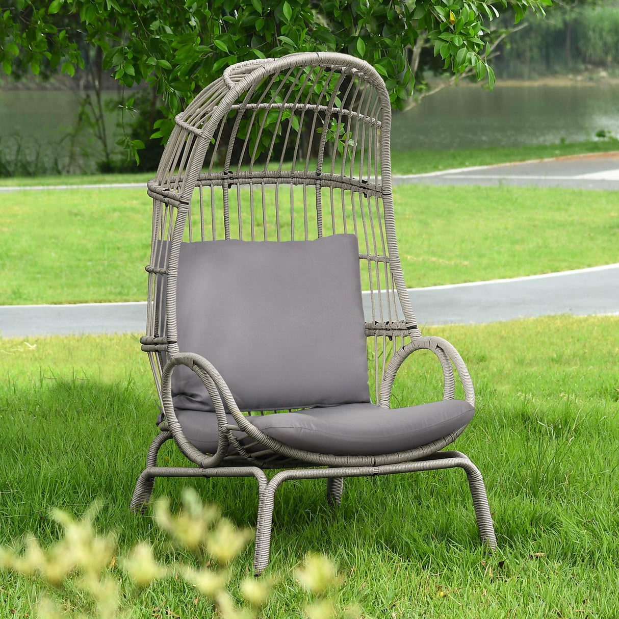 YITAHOME Outdoor Narrow Egg Chair Wicker, Patio Rattan Basket Chair with 370lbs Capacity Indoor Egg Chairs with Stand & Cushion Cocoon Chair for Bedroom, Patio, Balcony - Grey YITAHOME
