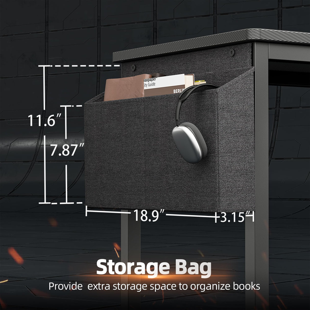 TIQLAB Gaming Desk 47 inch with Power Outlet and LED Light, Computer Desk with Reversible Shelves and Storage Drawer, Small PC Desk for Home Office Table with Bag, Carbon Fiber Black TIQLAB