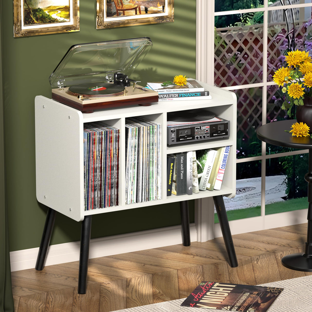 UODERS Record Player Table, Mid-Century Record Player Stand with Vinyl Storage Hold Up to 150+ Albums, Vinyl Record Cabinet with Adjustable Shelves, Wood Turntable Stand for Music Living Room (White) UODERS