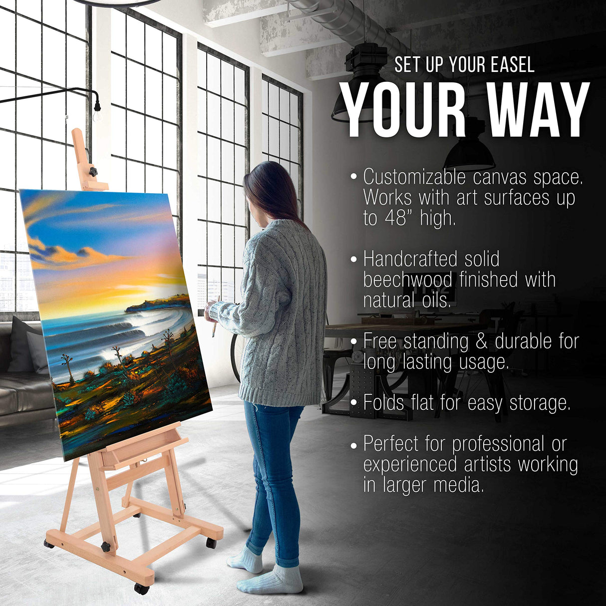 U.S. Art Supply Medium Wooden H-Frame Studio Easel with Artist Storage Tray and Wheels - Mast Adjustable to 96" High, Holds Canvas to 48" - Sturdy Beechwood Holder Floor Stand - Display Paintings U.S. Art Supply