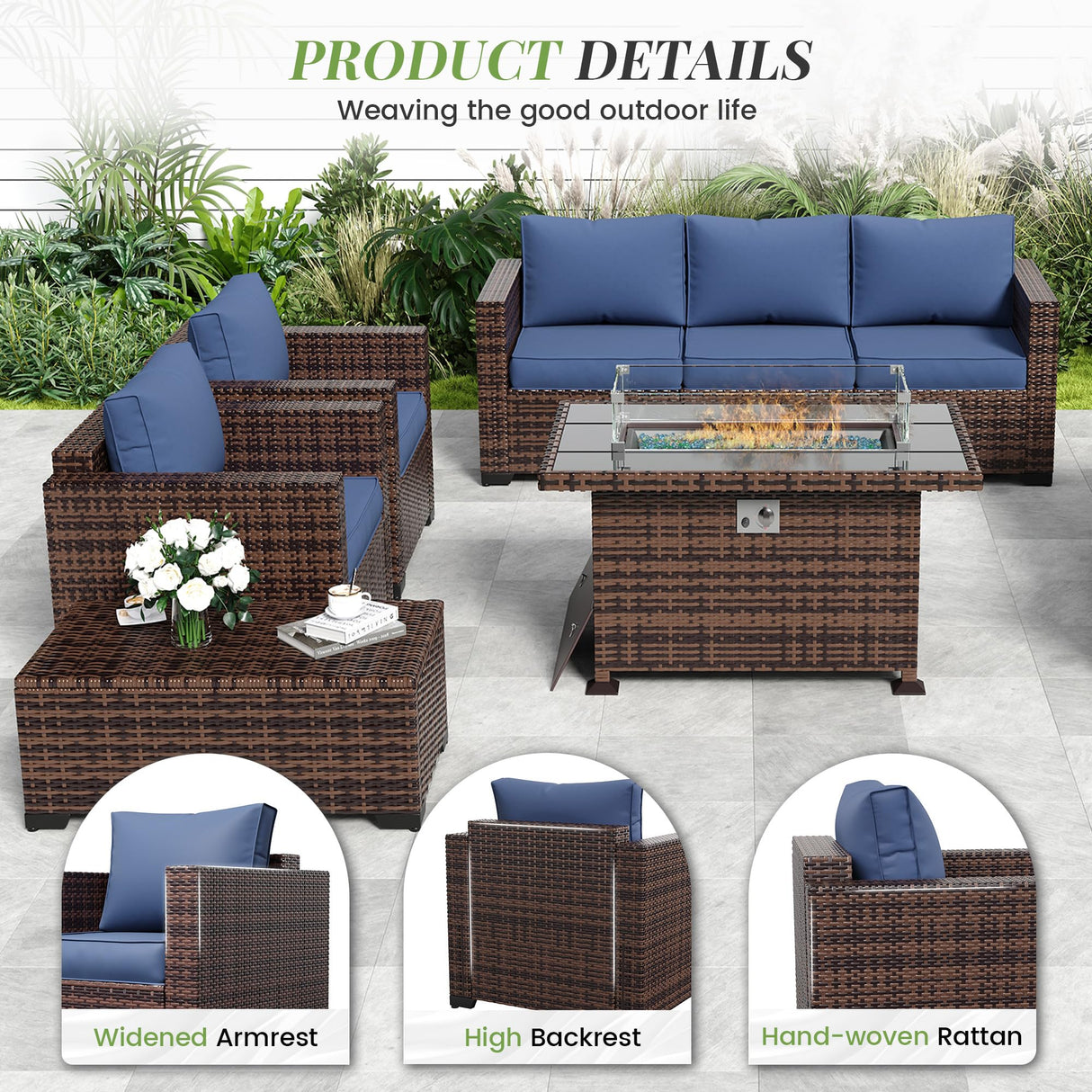 Amopatio Patio Furniture Set with Fire Pit Table, 6 Pieces Outdoor Oversized Sectional Couch Wicker Patio Armrest Sofa, 44" Fire Pit Conversation Sets with Storage Table, Waterproof Cover (Navy) Amopatio