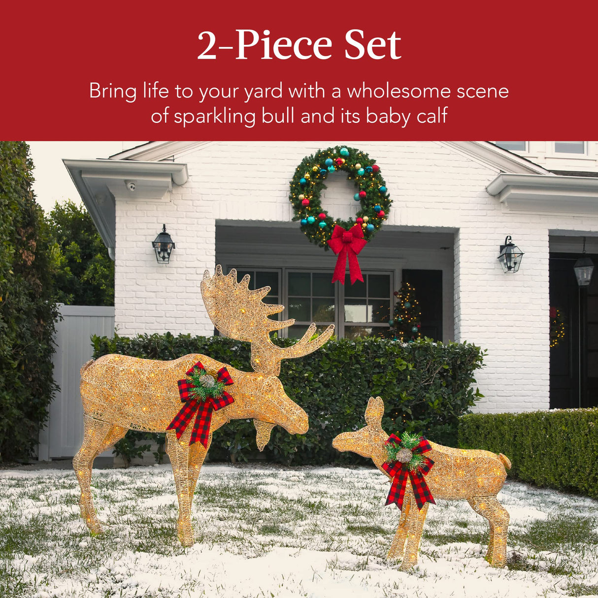 Best Choice Products 2-Piece Moose Family, Lighted Outdoor All-Weather Christmas Yard Decoration Light-Up Décor Set w/ 170 LED Lights, Ground Stakes, Zip Ties - Gold Best Choice Products