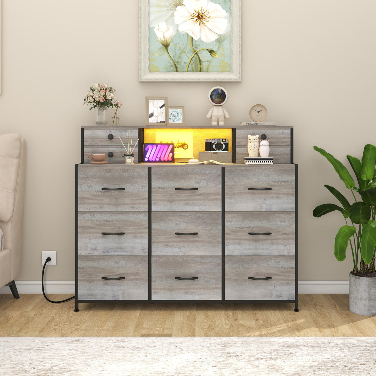 Welfuturer Grey Dresser with Power Outlets and LED Lights 13 Drawers Long Dresser for Bedroom Faux Leather Fabric Chest of Drawers for Living Room Hallway Entryway Closets Sturdy Frame Wood Top Welfuturer