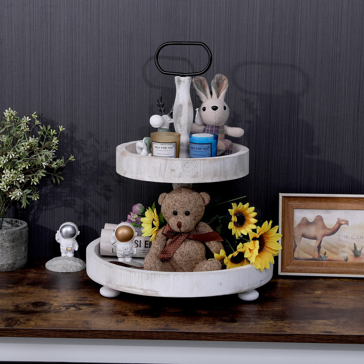 2 Tier Tray Rustic Cake Stand Farmhouse Kitchen Decor Centerpiece,Farmhouse 2 Tier Serving Tray with Handle for Coffee Bar SWT8CAI