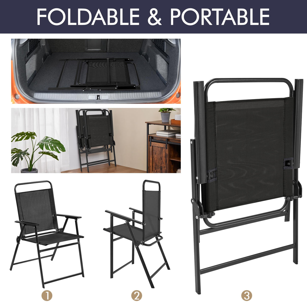 Yaheetech Outdoor Patio Chairs Set of 2, Folding Patio Chairs with Metal Frame, Armrests, Portable Dining Chairs for Camping, Lawn, Garden and Porch, Black Yaheetech