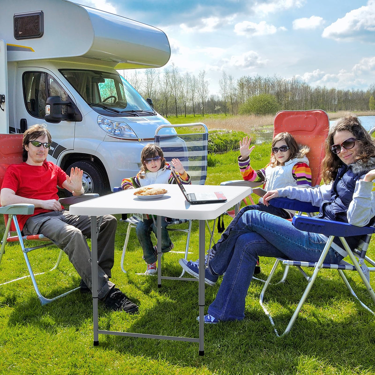 VINGLI 4 FT Plastic Folding Camping Table,3-Level Adjustable Height, Portable in/Outdoor Party Picnic Dining Desk,Off-White Garden Soccer Multipurpose Entertaining Activities VINGLI