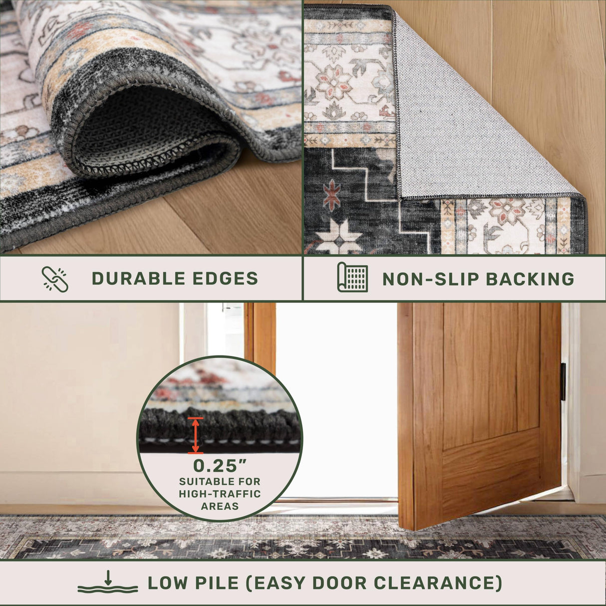 Black Washable 2x3 Entry Rug, Small Rugs for Entryway Kitchen Bathroom Door Mat Indoor Entrance, Non Slip Rubber Backing, Stain & Fade Resistant, Ashen Charcoal Floral Farmhouse Decor Hazo Haus