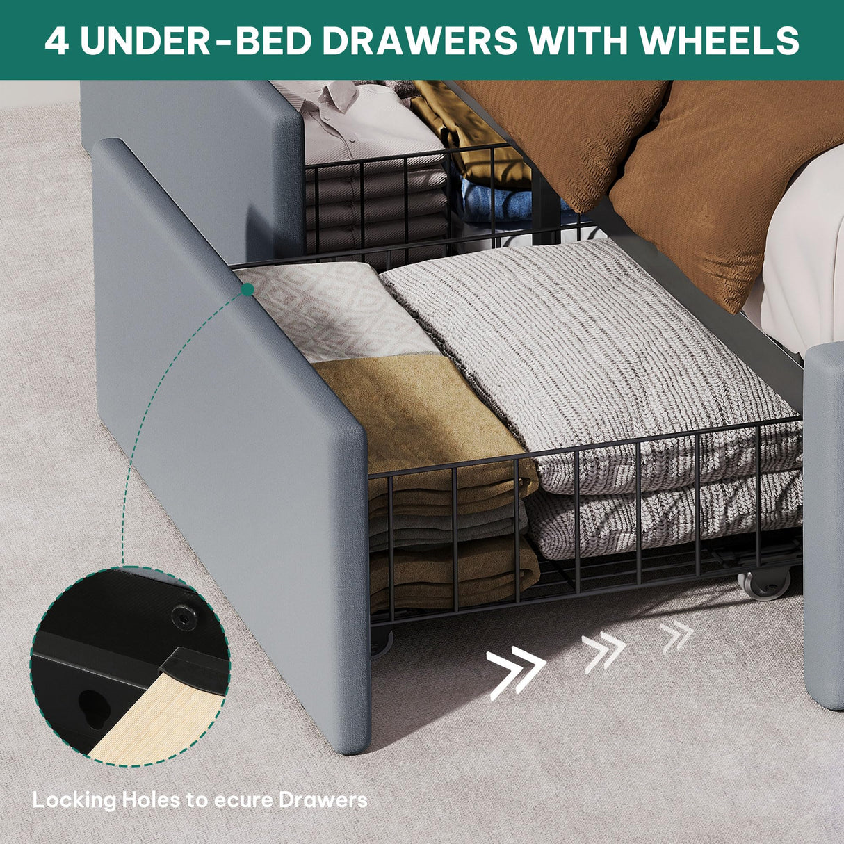 YITAHOME King Size Bed Frame with 4 Storage Drawers and RGB LED Lights, 57'' Tall Headboard Velvet Upholstered Bed with Charging Station, No Box Spring Needed, Easy Assembly, Noise-Free, Grey YITAHOME