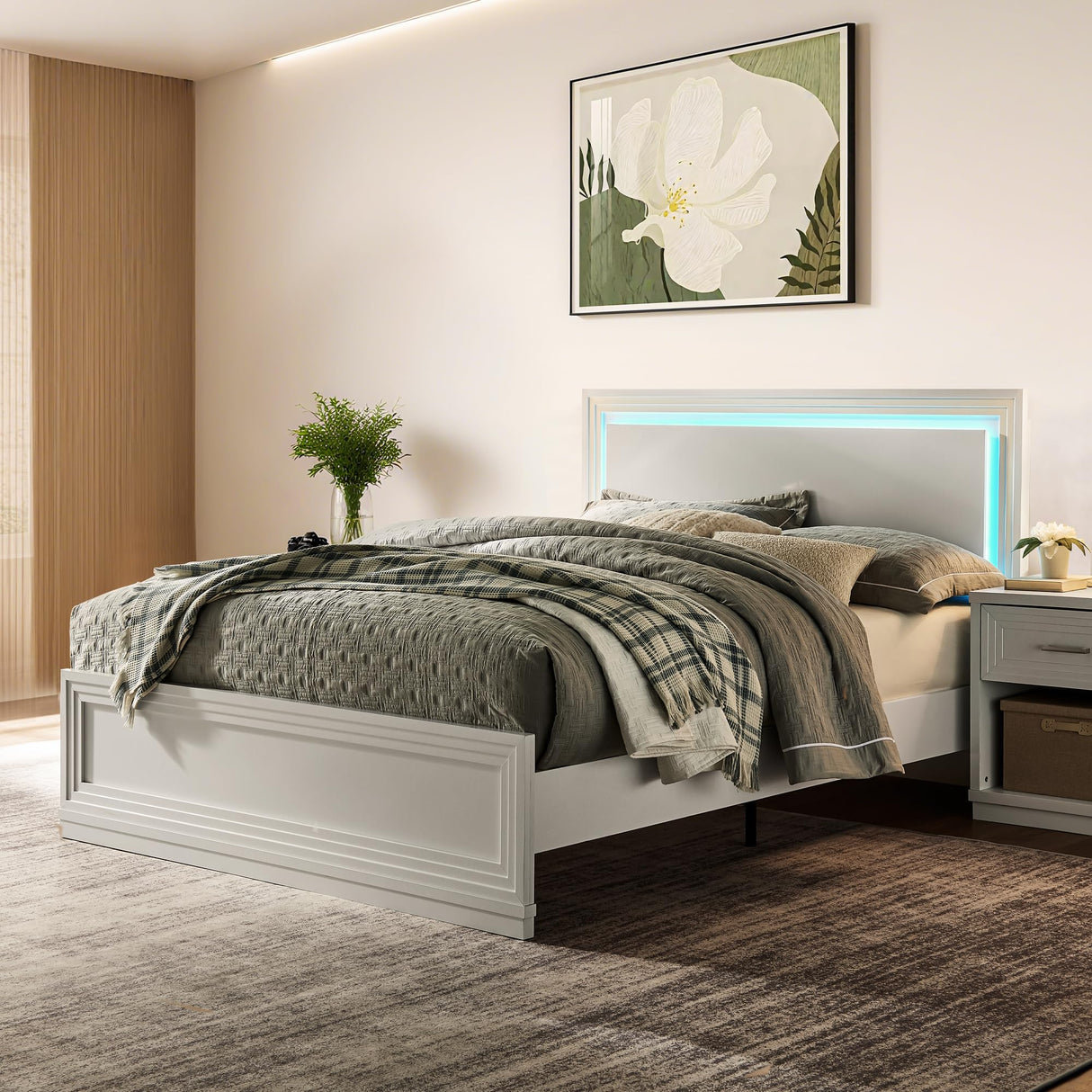 Cherytika Queen Wood Bed Frame with Headboard and Footboard, Farmhouse Queen Bed with RGB LED Light, Wood Slats Support, Noise-Free, Sturdy Structure, Easy Assembly, White Cherytika