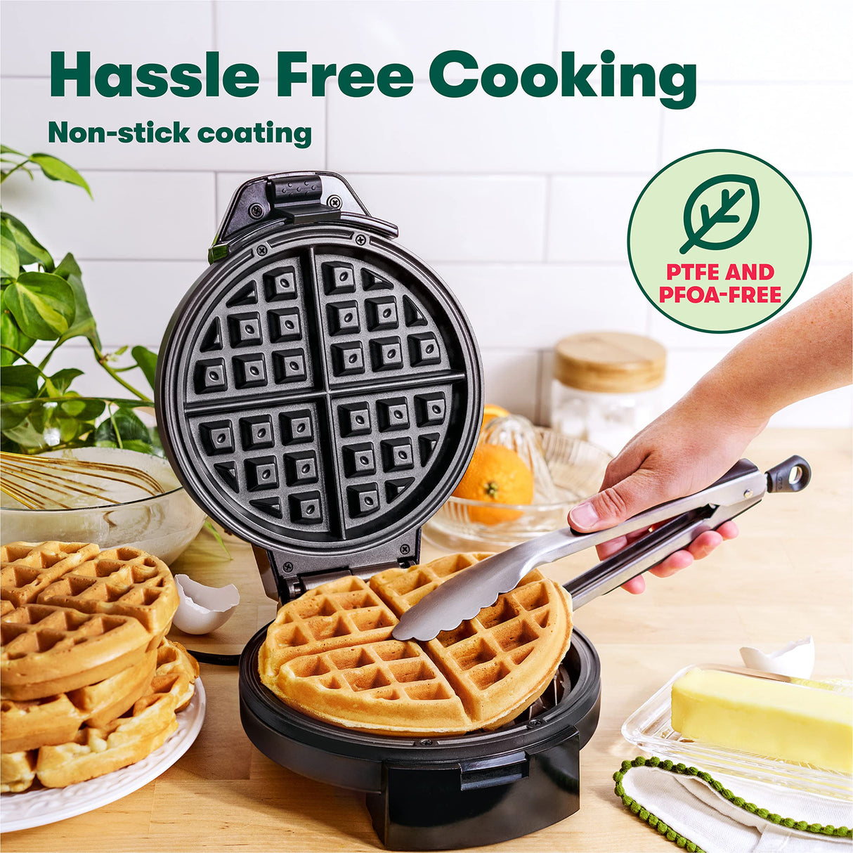 BELLA Classic Belgian Waffle Maker, Nonstick Extra Deep Plates, Browning Control Knob, Locking Latch and Cool Touch Handle, 7" Round, Stainless Steel, Black BELLA