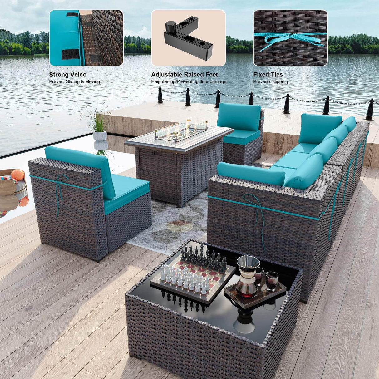 Kullavik 8 Pieces Outdoor Patio Furniture Set,Sectional Sofa Set with 43" 55000 BTU Gas Propane Fire Pit Table,Brown PE Rattan Wicker Patio Conversation Set,Turquoise Blue Kullavik