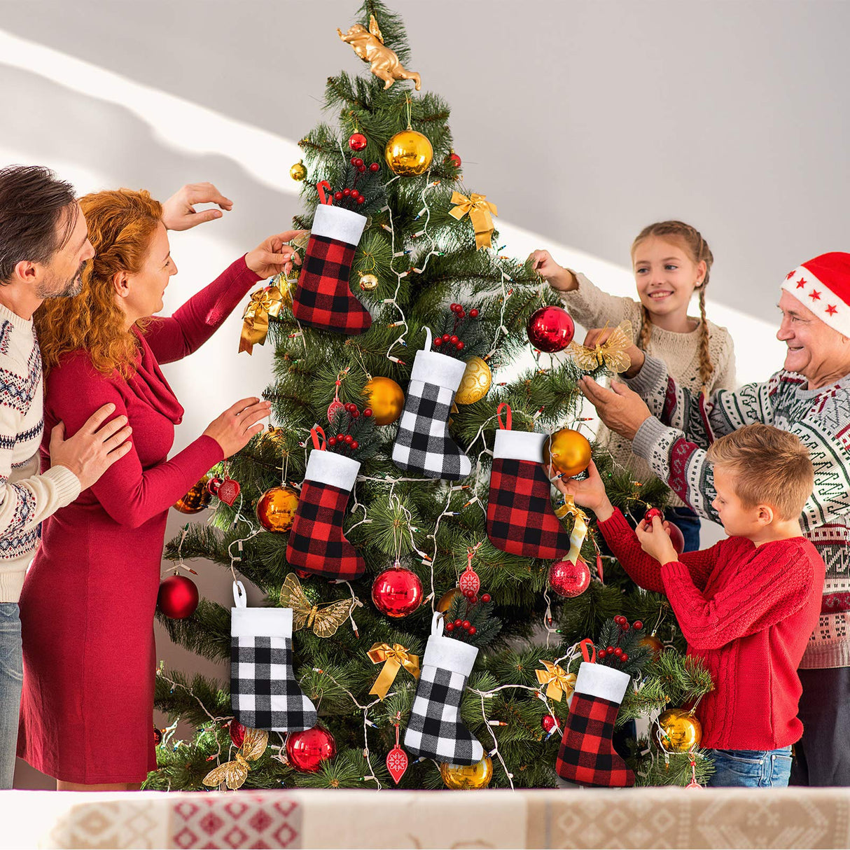 Skylety 24 Pcs Christmas Stockings Bulk Mini Xmas Buffalo Plaid Stocking Plush Cuff Hanging Decorations for Holiday Party Favors(24 Pcs,Red Black, Black White,Plaid) Skylety