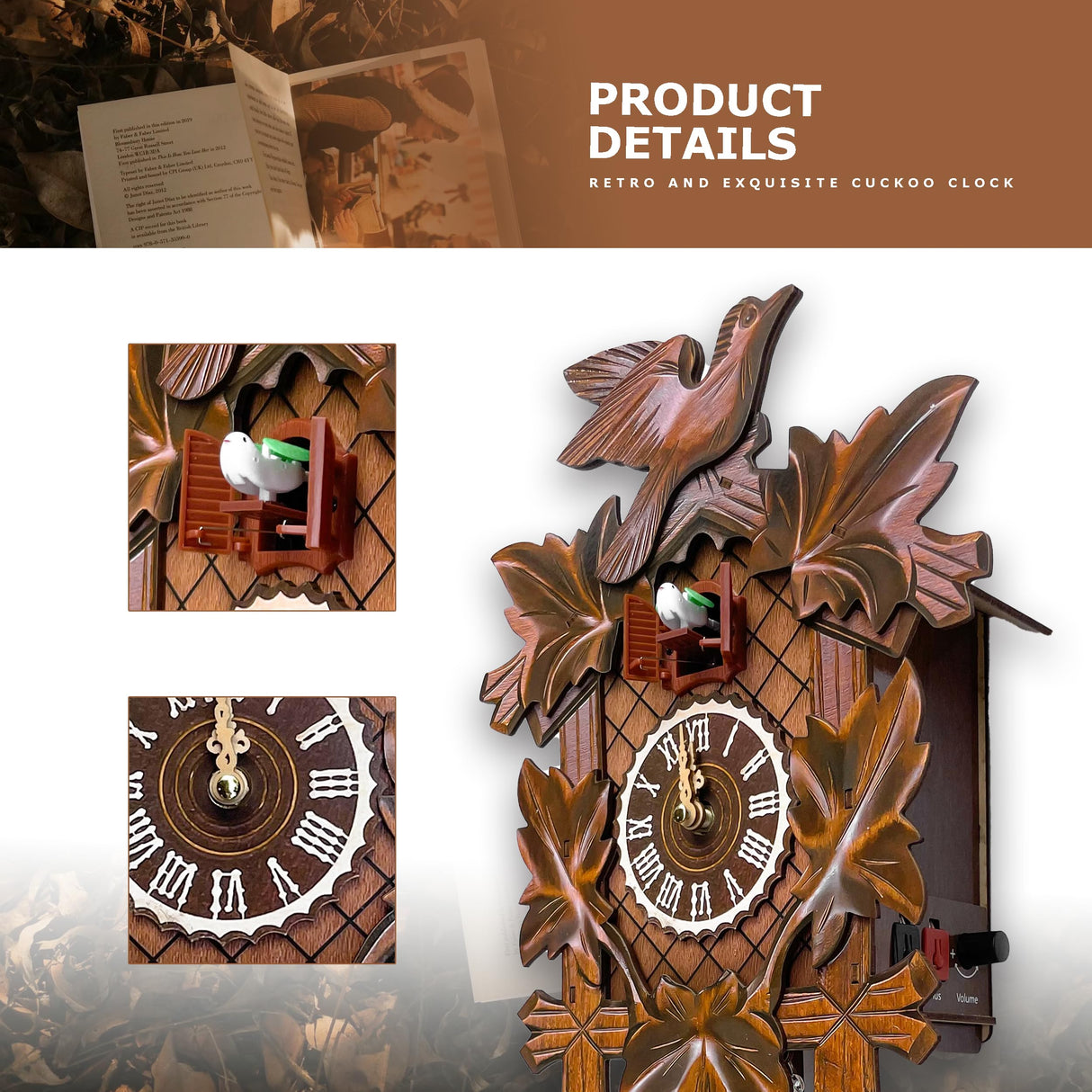 STRONGBERRY Handcrafted Cuckoo Wall Clock with Silent Movement, Pendulum & Chime Function - Classic Vintage Wooden Cuckoo Clock - 18.11 x 9.84 x 3.94 inches STRONGBERRY