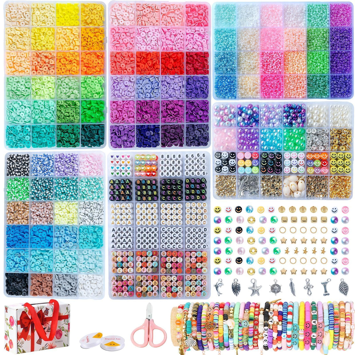 SJZWSD 6-Box Friendship Bracelet Making Kit - 16,000pcs Clay, Seed & Glass Beads Collection, Letter Beads, Charms SJZWSD