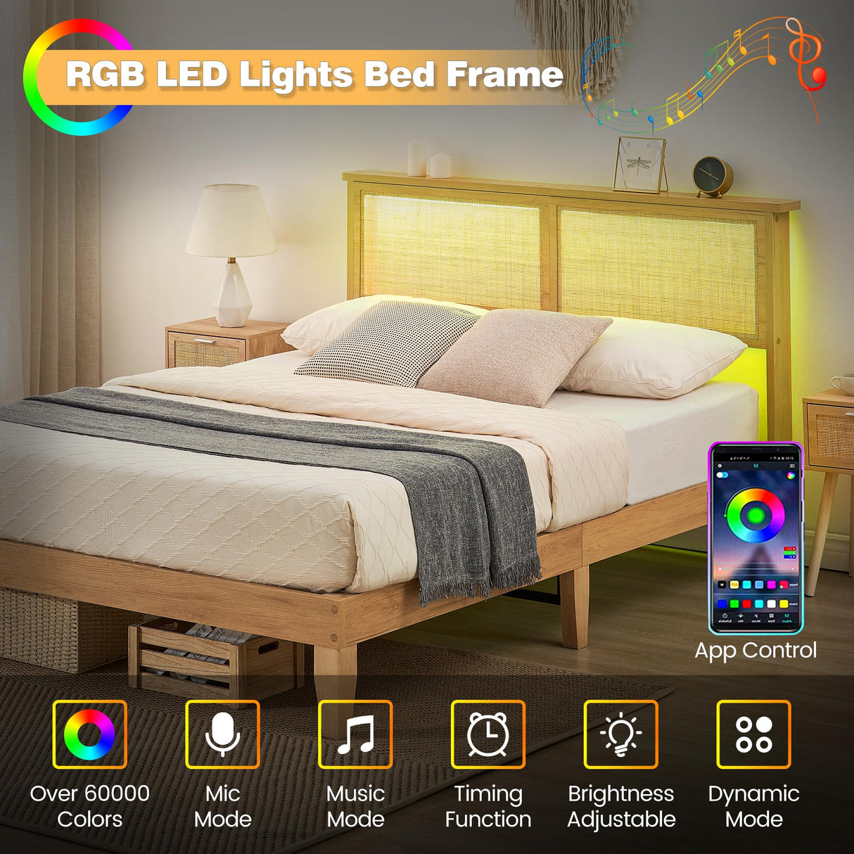 Deluxe Solid Wood Full Bed Frame with Rattan Headboard and LED Lights by GAOMON GAOMON
