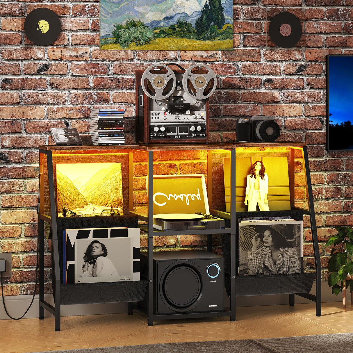 HOOBRO 4-Tier AV Media Stand with LED Light, Media Shelf Cabinet, Wooden Stereo Cabinet for Record Player, Entertainment Center, Game Console, Vinyl Record Storage, Rustic Brown BF114DCJ01 HOOBRO