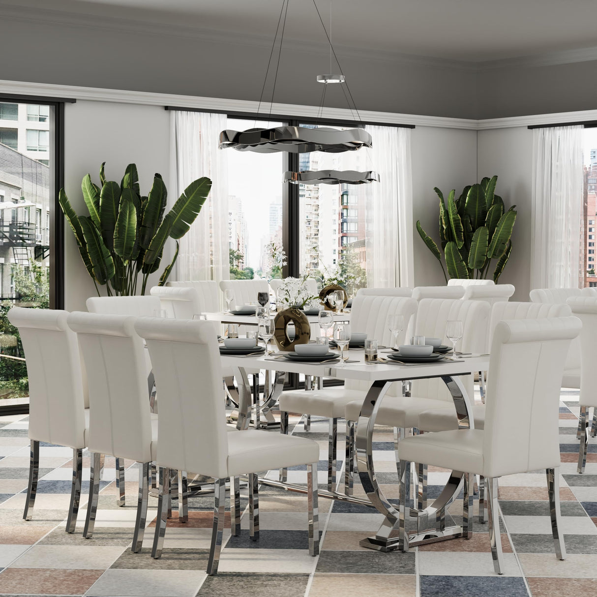 Asday 9 Piece Dining Table Set, Luxury White and Silver Dining Room Table Set with 80 inch Rectangular Dining Table and 8 White Leather Dining Chairs Asday