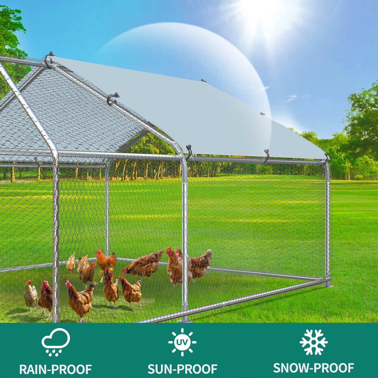 DWVO Large Metal Chicken Coop with Top Cover, 13.1'Lx9.8'Wx6.4'H Large Poultry Cage with Run, Chicken Run House Duck Cage Rabbits Coop for Outdoor Yard Farm DWVO