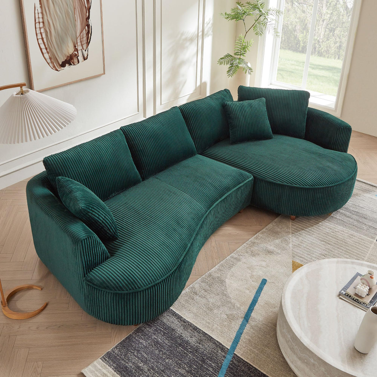 JUSTONE 122" Curved Sofa Cloud Couch for Living Room, Modern Corduroy Curved Upholstered Sofa with Pillows, 4-Seat Sofa Couch for Home Apartment Office (Right-Facing,Green) JUSTONE