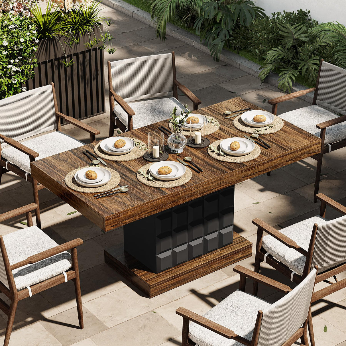 LITTLE TREE 63" Modern Dining Table, Rectangular Dinner Table for 4-6, Farmhouse Kitchen Table, Sturdy Wood Pedestal Base for Kitchen/Dining Room, Rustic Brown & Black LITTLE TREE