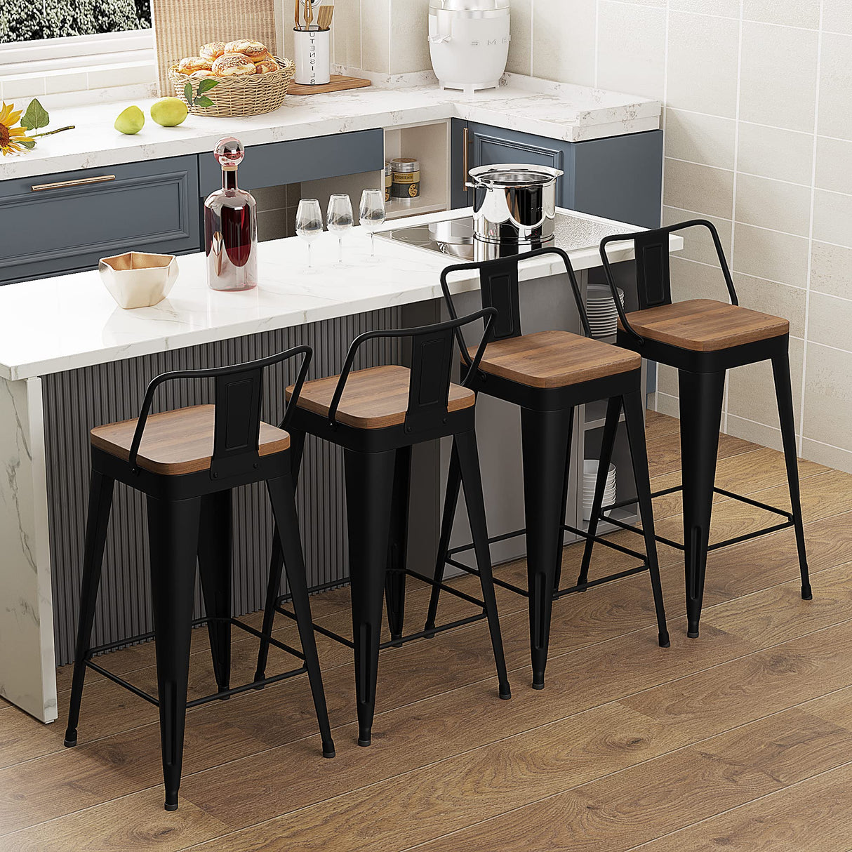 WENTMENT Metal Bar Stools Set of 4 Counter Height Bar Stools Barstools with Removable Back 26" Kitchen Bar Stools with Wooden Seat, Black WENTMENT