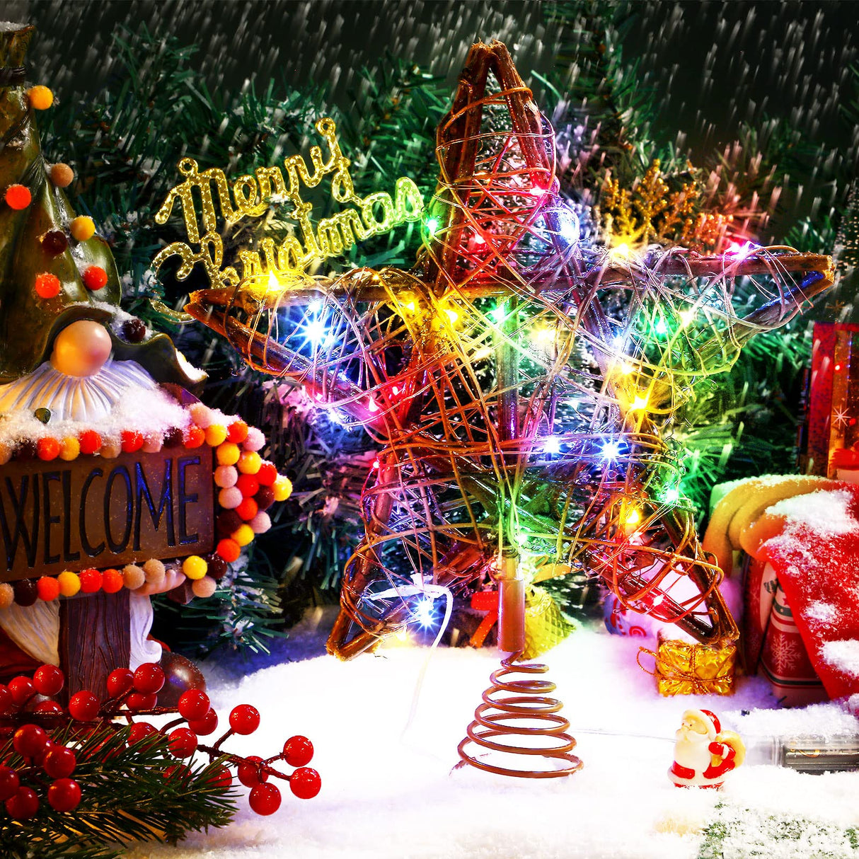 Star Tree Toppers Christmas Decorations Indoor Natural Brown Rattan Star Christmas Tree Topper Lighted Rustic Rattan Star Rustic Rattan Treetop Holiday Xmas Party Decorations (Coloured Light) Mudder