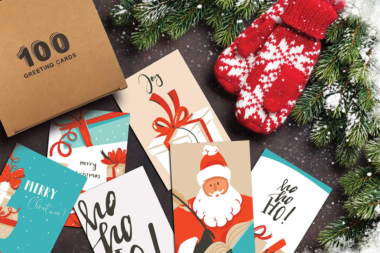 Better Office Products Christmas Holiday Greeting Card Set, 100 Pack, 4 x 6 Inch, 12 Assorted Custom Illustrative Designs, Blank Inside, Complete with Envelopes, 100 Christmas Cards Set Better Office Products