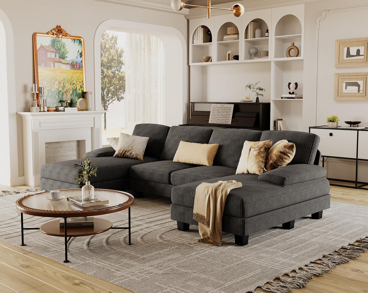 Furmax Sectional Couches for Living Room, U-Shaped Sofa Couch with Linen Fabric, 4 Seat Sofa Set with Double Chaise for Apartment (Corduroy, Dark Grey) Furmax